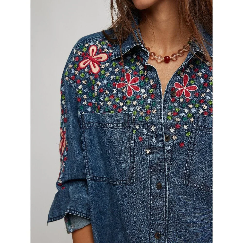 FREE PEOPLE Rainbow Embroidered Denim Shirt / Rinse Wash - Picture 1 of 6